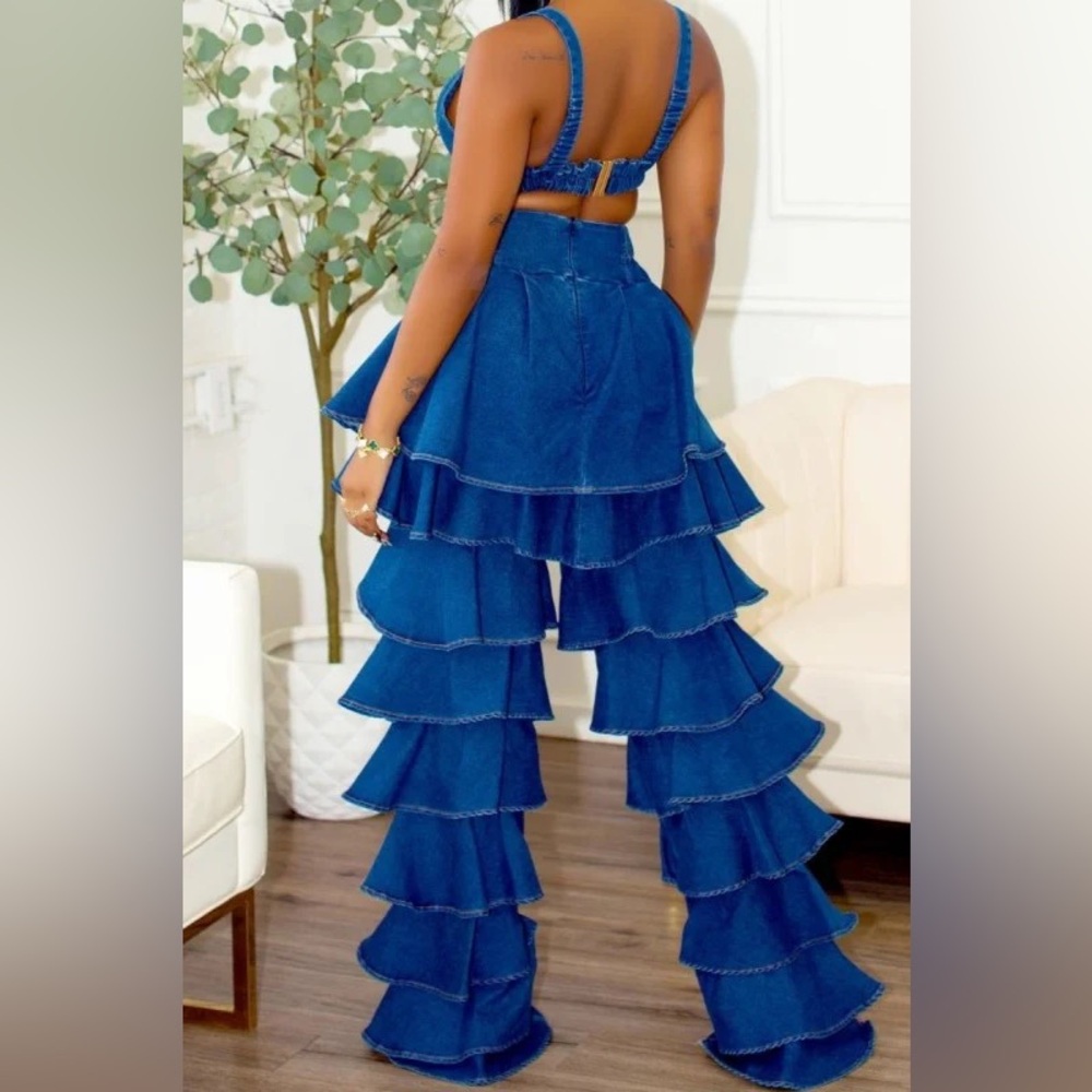 STRETCH DENIM 2pc Ruffled Pant Set - Picture 2 of 6